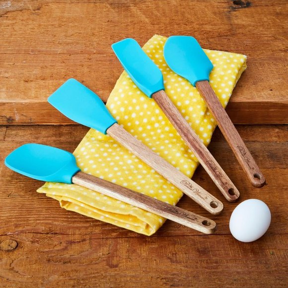 NEW! PIONEER WOMAN BLUE Silicone SPATULA SET~4 PIECES~ACACIA WOOD SILICONE - Picture 1 of 10